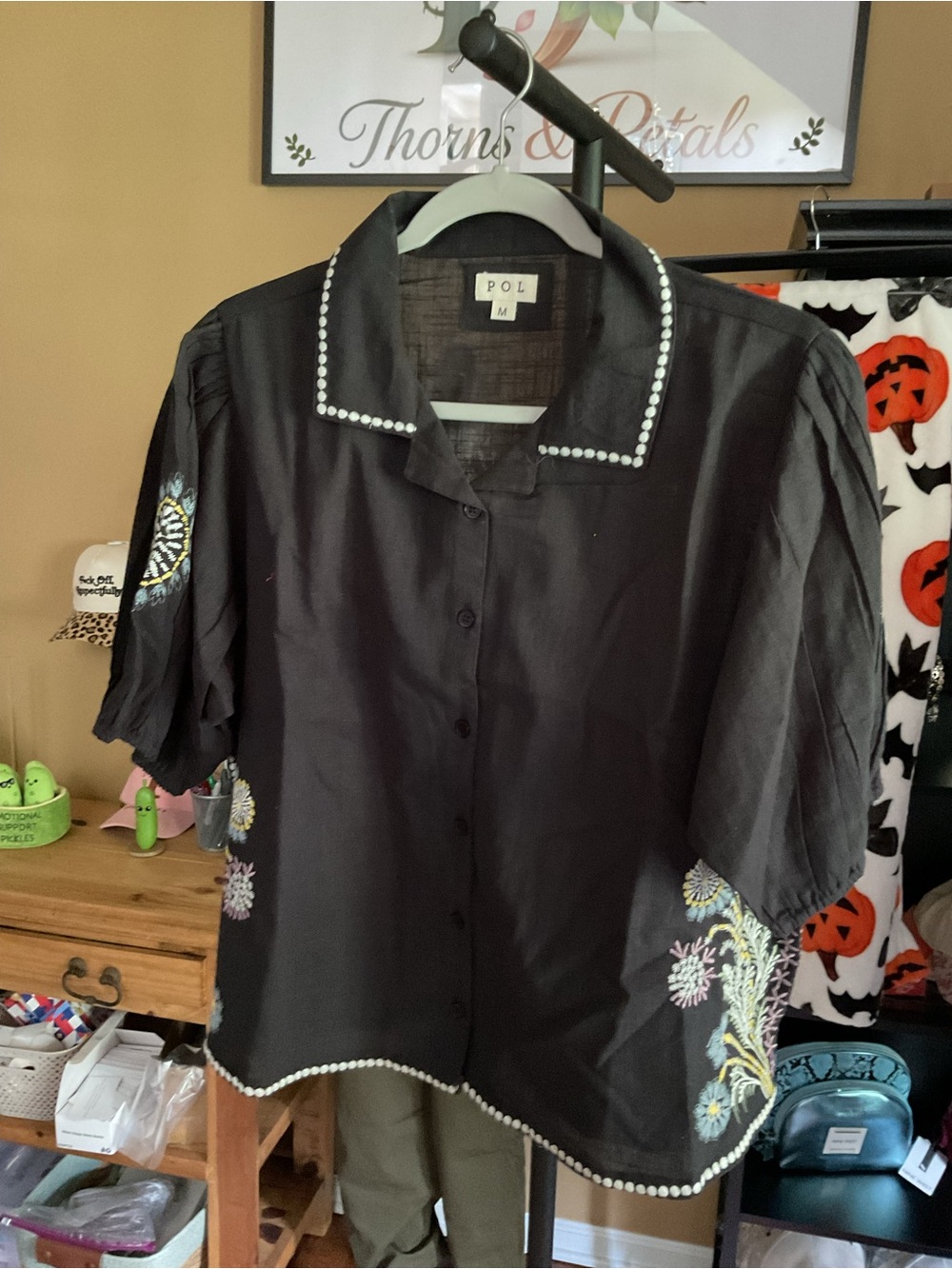 POL Black Short-Sleeve Button-Up Shirt with Pearl Trim & Floral Embroidery